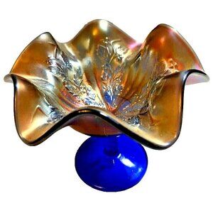 VINTAGE FENTON HOLLY BERRIES RUFFLED 4.5" COMPOTE COBALT BLUE CARNIVAL GLASS